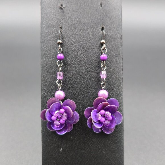 Jewelry - Dark Tone Purple Flower Handmade Dangle Earrings A6377